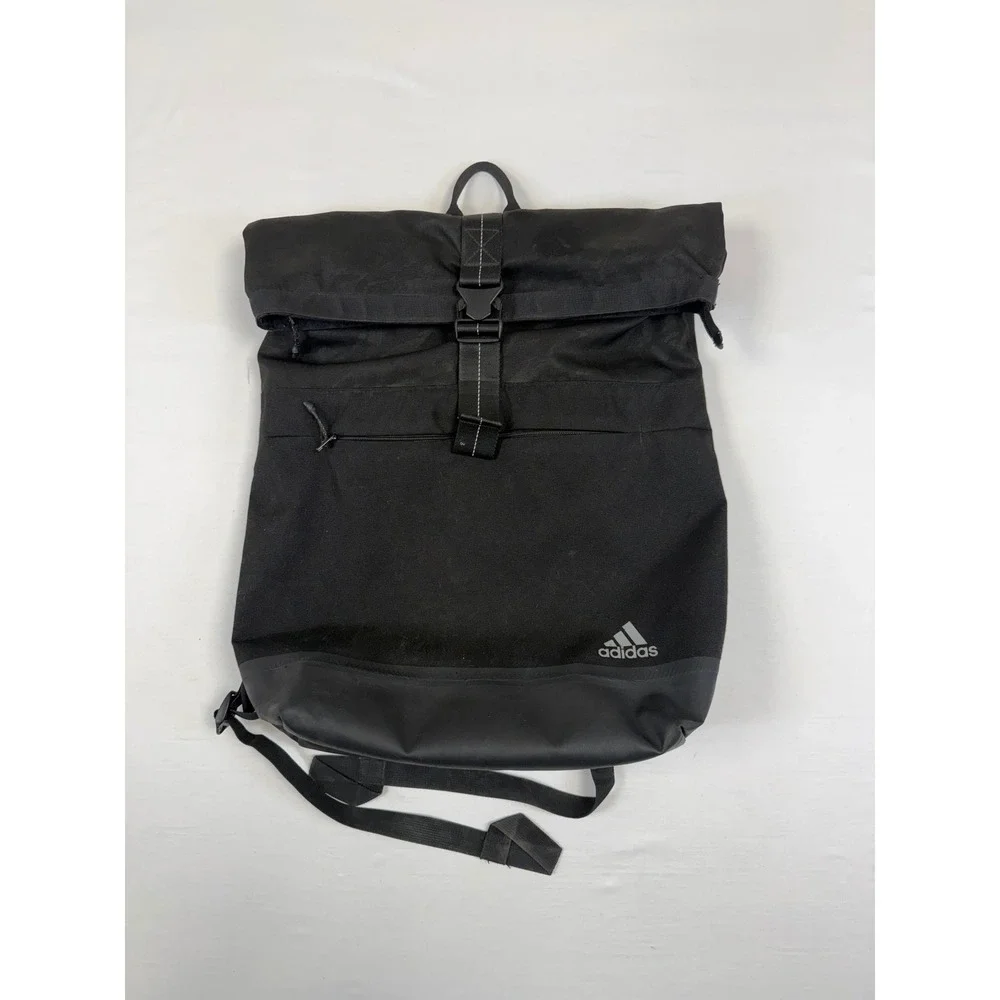 Adidas Black Roll Top Backpack Buckle Closure Side Zip Access‎ Padded Straps